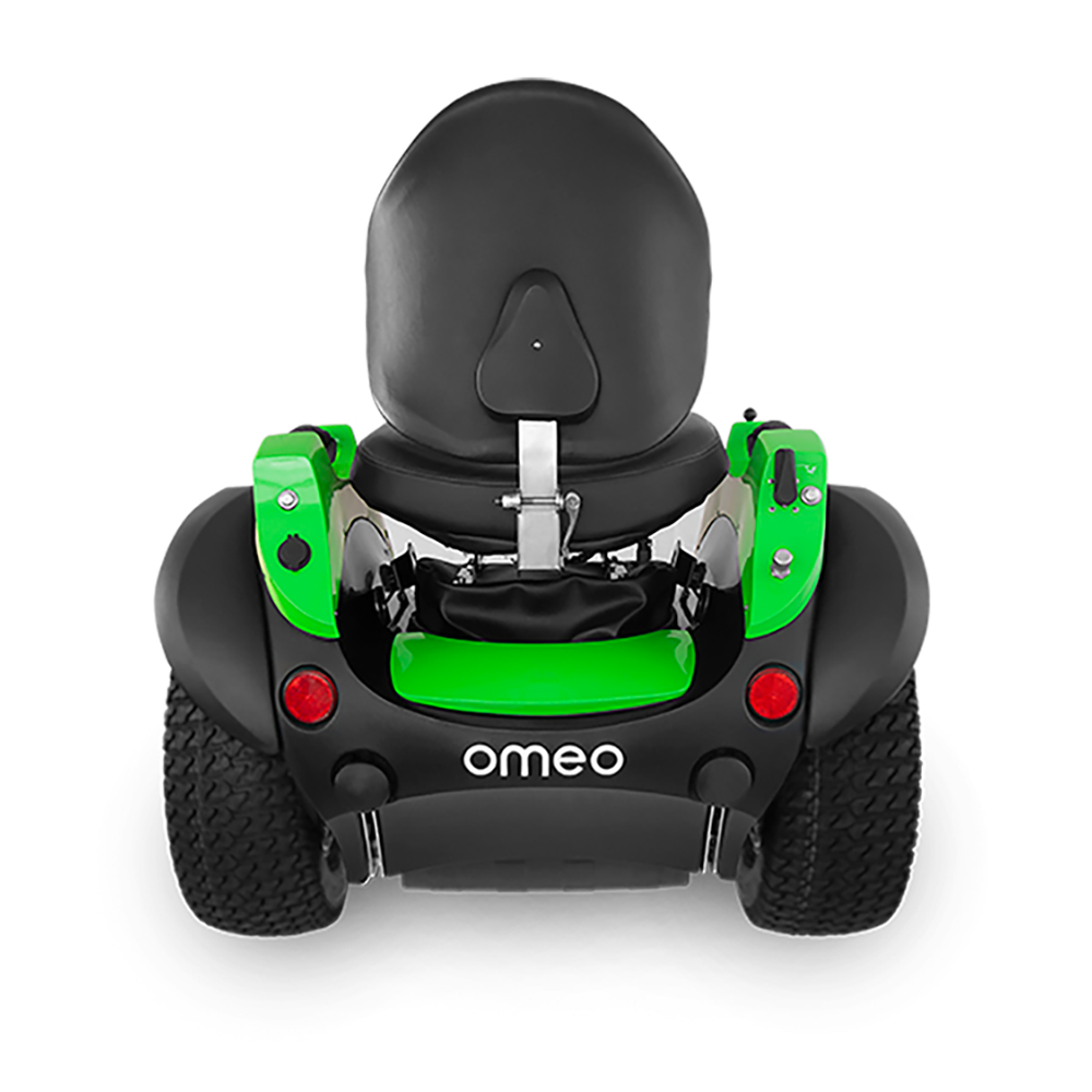 Back view of the green Omeo machine with Off-Road kit